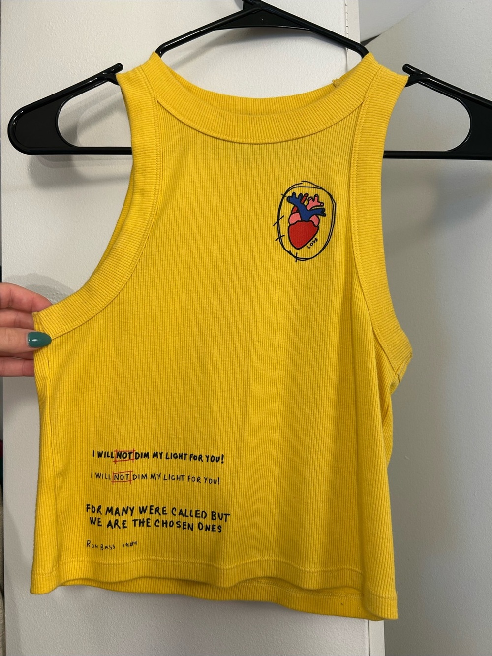 Forever 21 Yellow Ribbed Cropped Tank with Heart Graphic